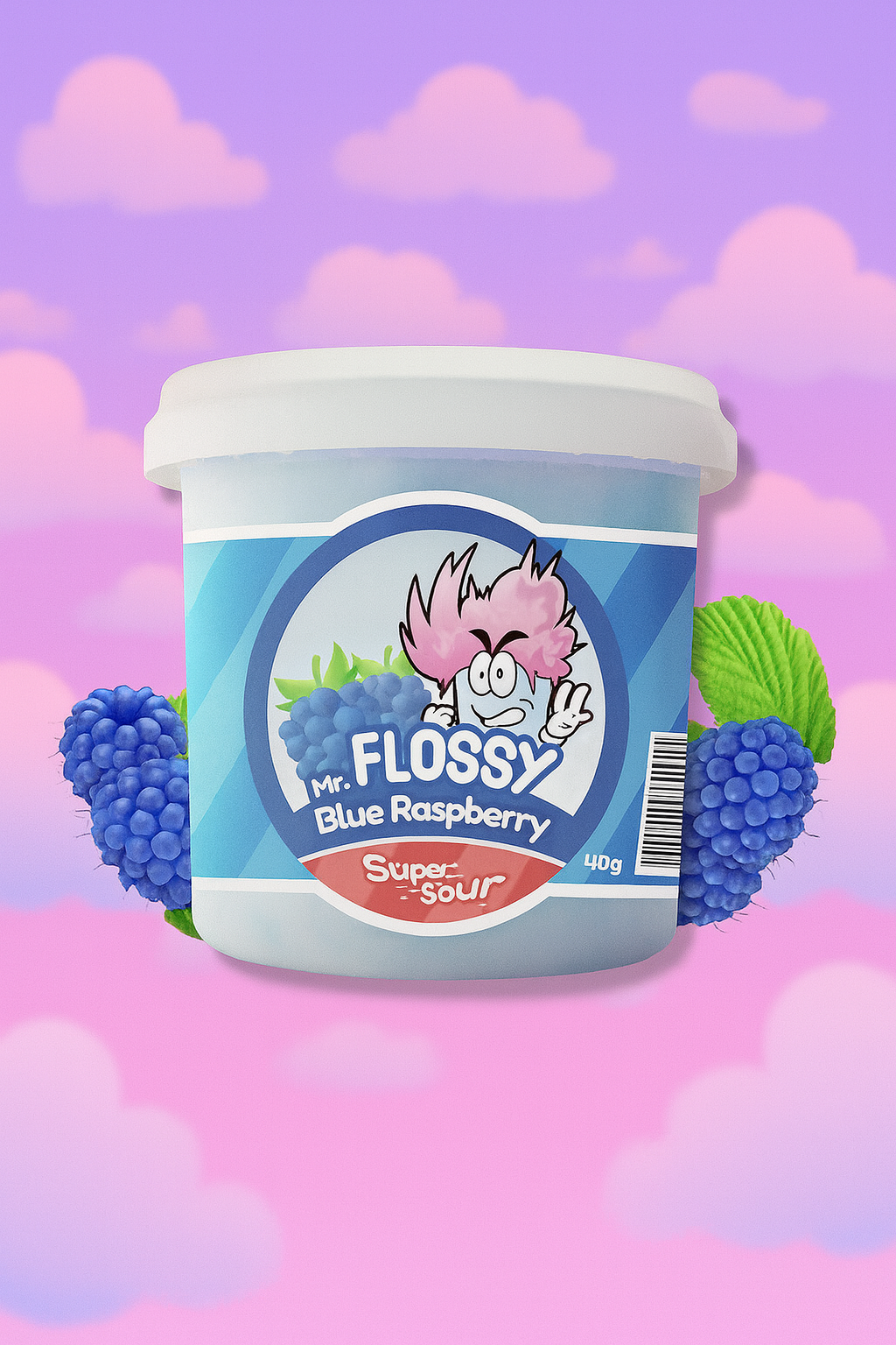 BARBE À PAPA MR FLOSSY - FRAMBOISE BLEU ACIDULÉEE 40GR - x1